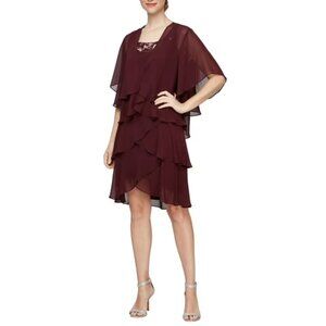 NWT SLNY from Macys Eggplant Embellished Tiered Chiffon Dress & Capelet SIZE 18W